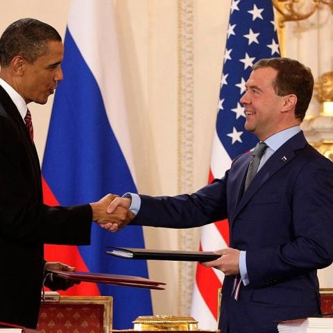 Barack Obama and Dmitry Medvedev after signing the "New START" treaty in Prague