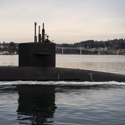 The Ohio-class ballistic missile submarine USS Louisiana (SSBN 743) transits Puget Sound following a 41-month engineered refueling overhaul at Puget Sound Naval Shipyard and Intermediate Maintenance Facility, February 9, 2023.