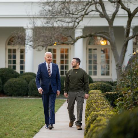 President Joe Biden walks with Ukrainian President Volodymyr Zelenskyy, Wednesday, December 21, 2022, in the Rose Garden of the White House. (Official White House Photo by Adam Schultz)