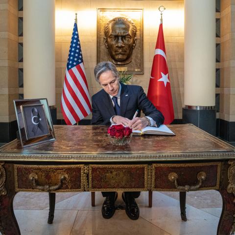 Secretary of State Antony J. Blinken signs a book of condolence after the earthquake disaster in Türkiye during his visit to the Turkish Embassy in Washington, DC, on February 10, 2023. (State Department photo by Freddie Everett)