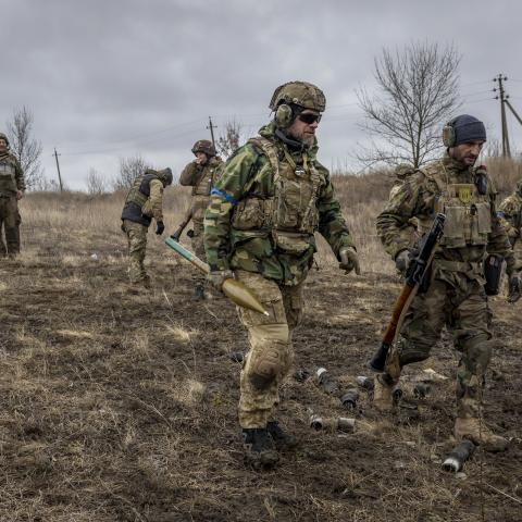 Members of the Ukrainian Volunteer Army prepare to fire a rocket propelled grenade while testing weapons systems on February 25, 2023, in Donbas, Ukraine. (John Moore/Getty Images)