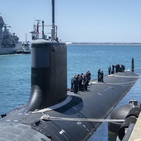 ARDEN ISLAND, Australia - The Virginia-class fast-attack submarine USS Mississippi (SSN 782) moors at Royal Australian Navy HMAS Stirling Naval Base, Nov. 28. Mississippi is currently on patrol in support of national security interests in the U.S. 7th Fleet area of operations. (U.S. Marine Corps photo by Lance Cpl. John Hall)