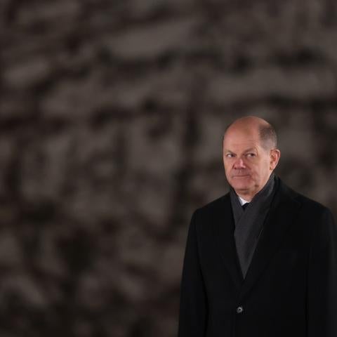 German Chancellor Olaf Scholz stands in front of the Chancellery in Berlin on Jan. 19. (Sean Gallup/Getty Images)