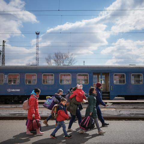 Refugees fleeing Ukraine arrive at the border train station of Zahony on March 10, 2022 in Zahony, Hungary. (Photo by Christopher Furlong/Getty Images)