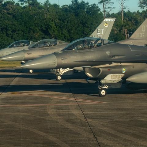 Three F-16s prepare for takeoff from Eglin Air Force Base in Florida on September 24, 2021. (US Air Force photo by Tristan McIntire)