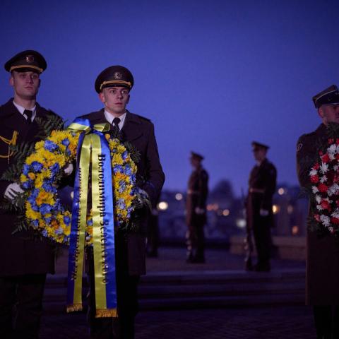 Ukrainian President Volodymyr Zelenskyy and Polish President Andrzej Duda visit Lychakiv Cemetery during their visit to Lviv.