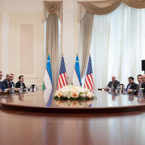 Secretary of State Antony J. Blinken meets with Acting Foreign Minister Bakhtiyor Saidov in Tashkent, Uzbekistan, on March 1, 2023. [State Department photo by Chuck Kennedy/ Public Domain]
