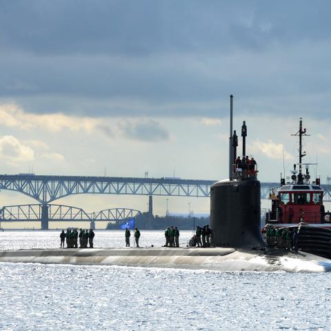 GROTON, Conn. (Oct. 29, 2018) The Virginia-class, fast-attack submarine USS Indiana (SSN 789) transits the Thames River as it arrives at her new homeport of Naval Submarine Base New London in Groton, Connecticut, Oct. 29. The submarine made the transition from the shipyard to a fully operational, combat-ready vessel after officially joining the fleet on Sept. 29, during a commissioning ceremony in Port Canaveral, Florida. (U.S. Navy photo by Mass Communication Specialist 1st Class Steven Hoskins/Released)