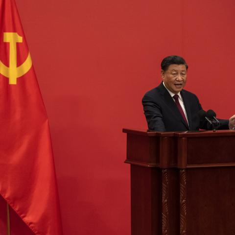 Chinese President Xi Jinping speaks at a press event at the Great Hall of the People in Beijing, China , on October 23, 2022. (Kevin Frayer/Getty Images)