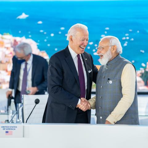 President Joe Biden greets India Prime Minister Narendra Modi at the Global Summit on Supply Chain Resilience Sunday, October 21, 2021, at La Nuvola Convention Center in Rome. (Official White House Photo by Adam Schultz)