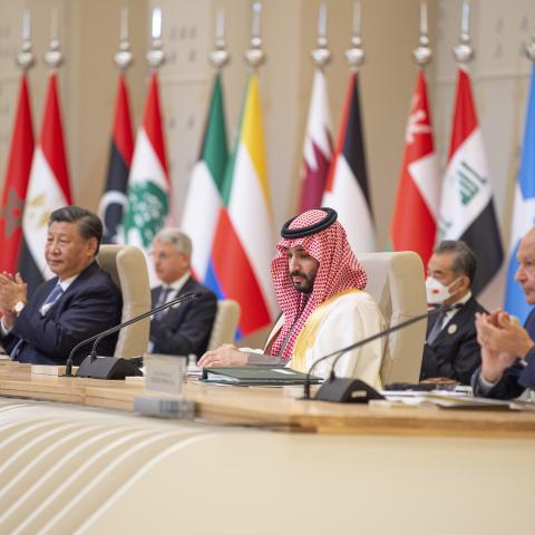 Crown Prince of Saudi Arabia Mohammad bin Salman al-Saud makes a speech during the forty-third Gulf Cooperation Council Summit in Riyadh, Saudi Arabia, on December 9, 2022. (Royal Court of Saudi Arabia/Handout/Anadolu Agency via Getty Images)