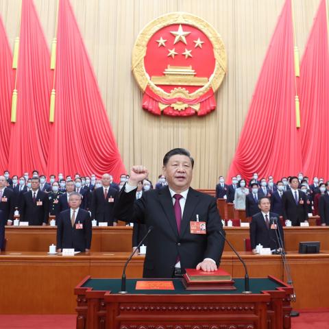 Xi Jinping, newly elected president of the People's Republic of China PRC and chairman of the Central Military Commission CMC of the PRC, makes a public pledge of allegiance to the Constitution at the Great Hall of the People in Beijing, capital of China, March 10, 2023. Xi was unanimously elected president of the People's Republic of China and chairman of the Central Military Commission of the PRC at the third plenary meeting of the first session of the 14th National People's Congress NPC on Friday. (Photo