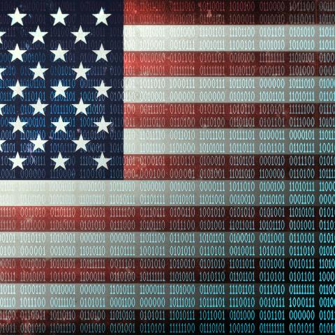 Binary code in a 1970 dot matrix font on a distressed US Flag faded to data. (Matt Anderson via Getty Images)