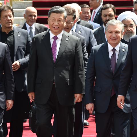 Leaders representing Russia, Pakistan, China, Uzbekistan, Iran, and Kyrgyzstan attend a meeting of the Shanghai Cooperation Organization Council of Heads of State in Bishek in 2019. (Vyacheslav Oseledko/AFP via Getty Images)