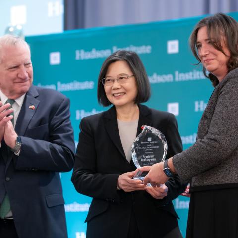 President Tsai Ing-wen receives Hudson's Global Leadership award from President and CEO John P. Walters and Sarah Stern, chair of the Hudson Board of Trustees, on March 30, 2023, in New York.
