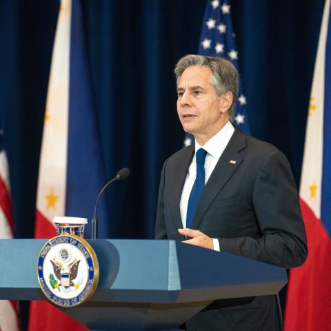 Secretary of State Antony J. Blinken participates in a joint press availability with Secretary of Defense Lloyd J. Austin III, Philippine Secretary of Foreign Affairs Enrique Manalo, and Philippine Senior Under Secretary and Officer in Charge of the Department of National Defense Carlito Galvez following the U.S.-Philippines 2+2 Ministerial Dialogue at the U.S. Department of State in Washington, D.C., on April 11, 2023. [State Department photo by Freddie Everett/ Public Domain]