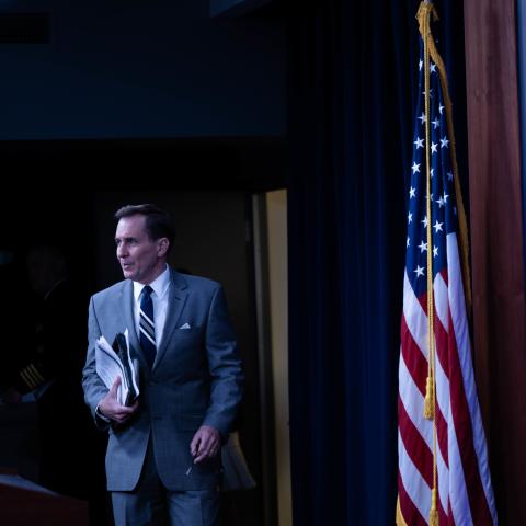 Pentagon Press Secretary John F. Kirby holds a press briefing at the Pentagon, Washington, D.C., May 16, 2022. (DoD Photo by U.S. Navy Petty Officer 2nd Class James K. Lee)