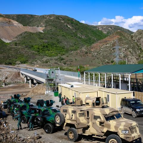 An Azerbaijani checkpoint at the entry of the Lachin corridor, the Karabakh region's only land link with Armenia, on May 2, 2023. (Tofik Babayev/AFP via Getty Images)