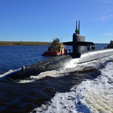 The Ohio-class ballistic-missile submarine USS Alaska (SSBN 732) returns to Naval Submarine Base Kings Bay following routine operations. (U.S. Navy photo by Mass Communication Specialist 1st Class Rex Nelson/Released)