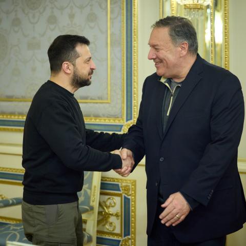Former US Secretary of State Mike Pompeo and Ukrainian President Volodymyr Zelenskyy shake hands in Kyiv, Ukraine, on April 4, 2023. (Ukrainian Presidency / Handout/Anadolu Agency via Getty Images)