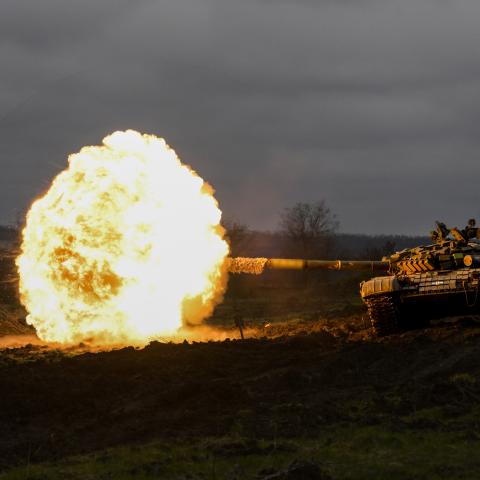 DONETSK OBLAST, UKRAINE - MARCH 29: (EDITORS NOTE: The tank number has been blurred) A Ukrainian tank performs during firing practice amid Russia-Ukraine war on the frontline of Donetsk Oblast, Ukraine on March 29, 2023. (Photo by Muhammed Enes Yildirim/Anadolu Agency via Getty Images)