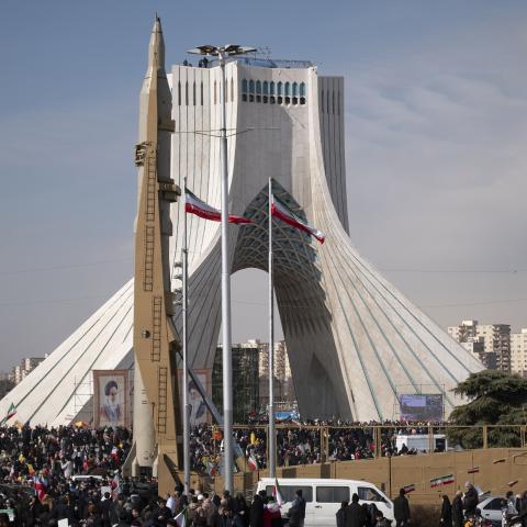 An Iranian-made surface-to-surface missile is displayed next to the Azadi tower during a rally to mark the forty-forth anniversary of  Iran's 1979 Islamic Revolution on February 11, 2023. (Morteza Nikoubazl/NurPhoto via Getty Images)