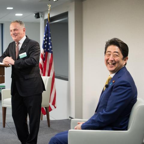 Kenneth R. Weinstein and Shinzo Abe at Hudson Institute on March 30, 2016.