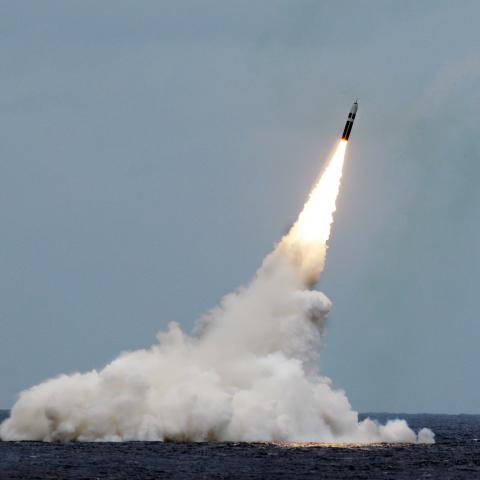 An unarmed Trident II D5 missile launches from the Ohio-class fleet ballistic-missile submarine USS Maryland (SSBN 738) off the coast of Florida on August 31, 2016. (US Navy Photo John Kowalski/Released)
