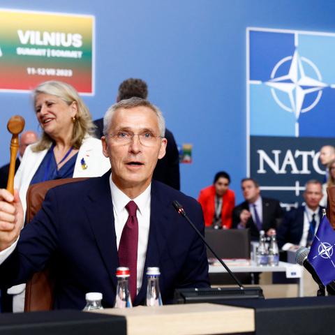 Presidential Palace showing the blue and yellow of the Ukrainian flag as well as banners for the upcoming NATO summit on July 9, 2023, in Vilnius, Lithuania. (Sean Gallup via Getty Images)
