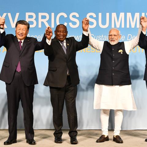 President of Brazil Luiz Inacio Lula da Silva, President of China Xi Jinping, South African President Cyril Ramaphosa, Prime Minister of India Narendra Modi, and Russia's Foreign Minister Sergei Lavrov pose for a BRICS family photo during the 2023 BRICS Summit at the Sandton Convention Centre in Johannesburg on August 23, 2023. (GovernmentZA via Flickr)