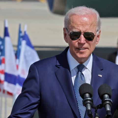 Joe Biden delivers a statement upon arrival at Israel's Ben Gurion Airport near Tel Aviv, Israel, on July 13, 2022. (Jack Guez/AFP via Getty Images)