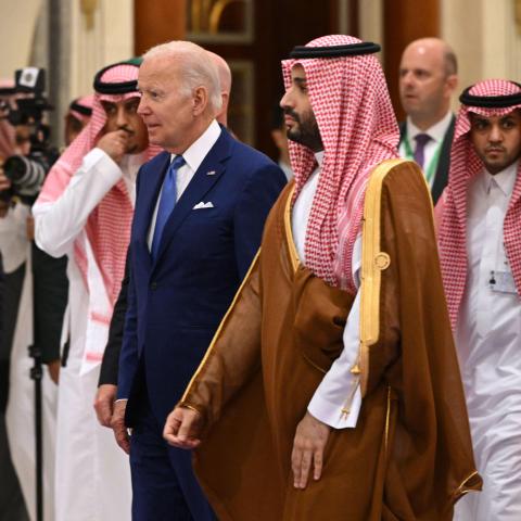 Joe Biden and Mohammed bin Salman at the Jeddah Security and Development Summit in Saudi Arabia's Red Sea coastal city of Jeddah on July 16, 2022. (Mandel Ngan/POOL/AFP via Getty Images)
