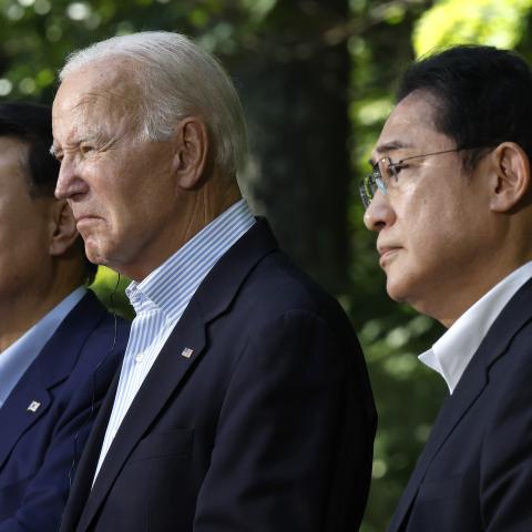 South Korean President Yoon Suk-yeol, US President Joe Biden, and Japanese Prime Minister Fumio Kishida hold a joint news conference following trilateral talks on August 18, 2023, in Camp David, Maryland. (Chip Somodevilla/Getty Images)