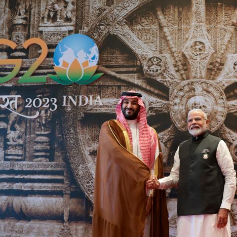 Indian Prime Minister Narendra Modi welcomes Saudi Crown Prince Mohammed bin Salman at Bharat Mandapam in New Delhi, India, on September 9, 2023. (Ministry of External Affairs of India via Flickr)