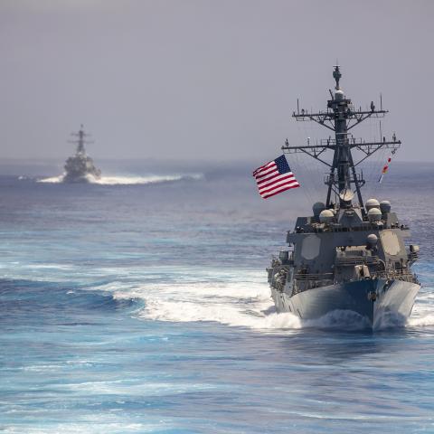  The Arleigh Burke-class guided-missile destroyer USS Wayne E. Meyer (DDG 108) steams in formation during a multiple large deck event in the Pacific Ocean on June 8, 2023. (US Navy photo)