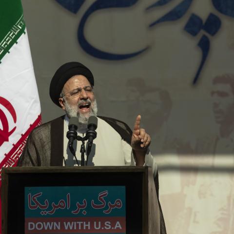 Iran's President Ebrahim Raisi speaks during a rally outside the former US embassy in the capital Tehran on November 4, 2022, in Tehran, Iran. (Contributor via Getty Images)
