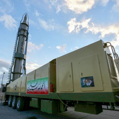 An Iranian long-range Ghadr missile displaying "Down with Israel" in Hebrew is pictured at a defence exhibition in city of Isfahan, Iran, on February 8, 2023. (Morteza Salehi/Tasnim News/AFP via Getty Images)