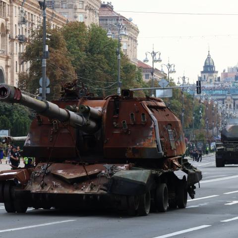 Russian self-propelled artillery mount MSTA-S exhibited on Khreshchatyk Street in preparation for Independence Day on August 21, 2023, in Kyiv, Ukraine. (Roman Petushkov/Global Images Ukraine via Getty Images)