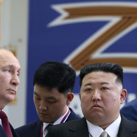 Russian President Vladimir Putin and North Korea's leader Kim Jong Un visiting the Vostochny Cosmodrome in Amur region on September 13, 2023. (Vladimir Smirnov/POOL/AFP via Getty Images) 