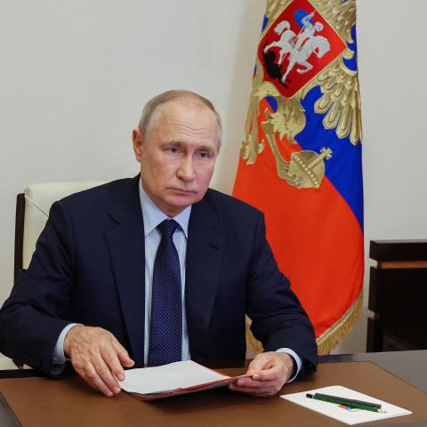 President Vladimir Putin chairs a meeting in Moscow on September 14, 2023. (Mikhail Metzel/POOL/AFP via Getty Images)