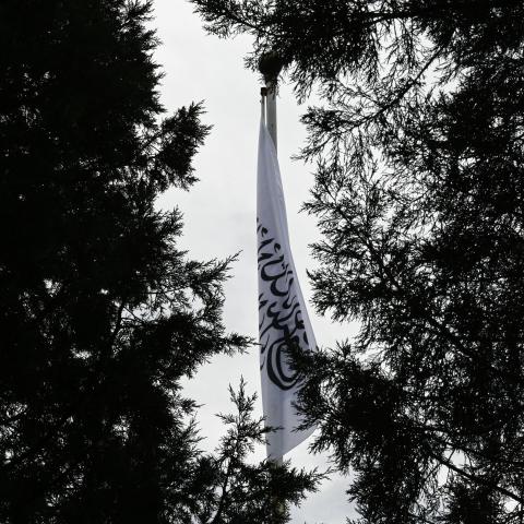 A Taliban flag at the Afghanistan embassy in Beijing on September 19, 2023. (Pedro Pardo/AFP via Getty Images)