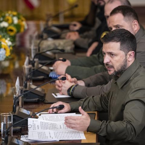 President of Ukraine Volodymyr Zelensky speaks during a meeting with President Joe Biden in the White House on September 21, 2023, in Washington, DC. (Drew Angerer via Getty Images)