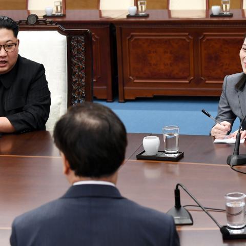 North Korean Leader Kim Jong Un and sister Kim Yo Jong attend the Inter-Korean Summit at the Peace House on April 27, 2018, in Panmunjom, South Korea. (Pool via Getty Images)