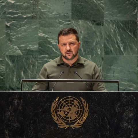 President of Ukraine Volodymyr Zelenskyy addresses the general debate of the General Assembly’s seventy-eighth session on September 19, 2023. (UN Photo via Flickr)