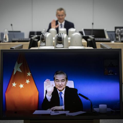 NATO Secretary General Jens Stoltenberg meets virtually with State Councillor and Minister of Foreign Affairs Wang Yi of the People’s Republic of China. (NATO via Flickr)