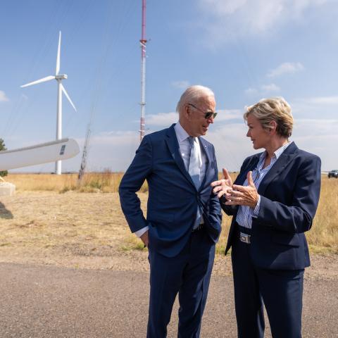 President Joe Biden talks with Energy Secretary Jennifer Granholm during a tour of the National Renewable Energy Laboratory Flatirons Campus in Arvada, Colorado on Tuesday, September 14, 2021. (Official White House Photo by Adam Schultz)