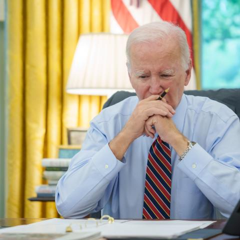 President Joe Biden participates in a phone call with Quint leaders Emmanuel Macron of France, Prime Minister Giorgia Meloni of Italy, Chancellor Olaf Scholz of Germany, and United Kingdom Prime Minister Rishi Sunak on October 9, 2023, in the Oval Office of the White House. (Adam Schultz via Flickr)