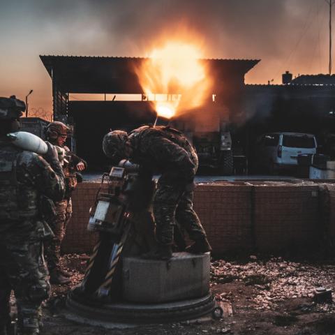 Coalition Forces fire 120mm illumination rounds using an XM905 Advanced Mortar Protection System from a fire base in the al-Shadaddi region in Syria on February 14, 2023. (Nicholas J. De La Pena via DVIDS)