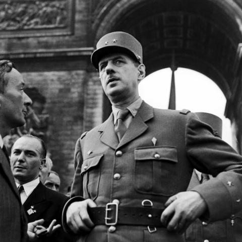 Charles De Gaulle And Georges Bidault In Paris, France On August 26, 1944 - Charles De Gaulle And Georges Bidault in front Arc de triomphe . (Photo by Serge DE SAZO/Gamma-Rapho via Getty Images)