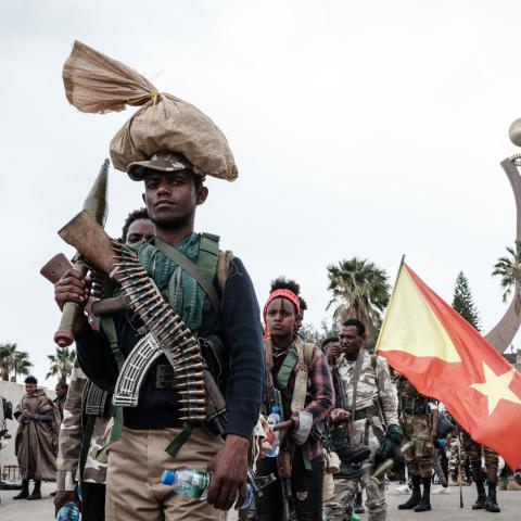 Tigray People's Liberation Front fighters prepare to leave for another field at Tigray Martyr's Memorial Monument Center in Mekele, Ethiopia, on June 30, 2021. (Yasuyoshi Chiba/AFP via Getty Images)